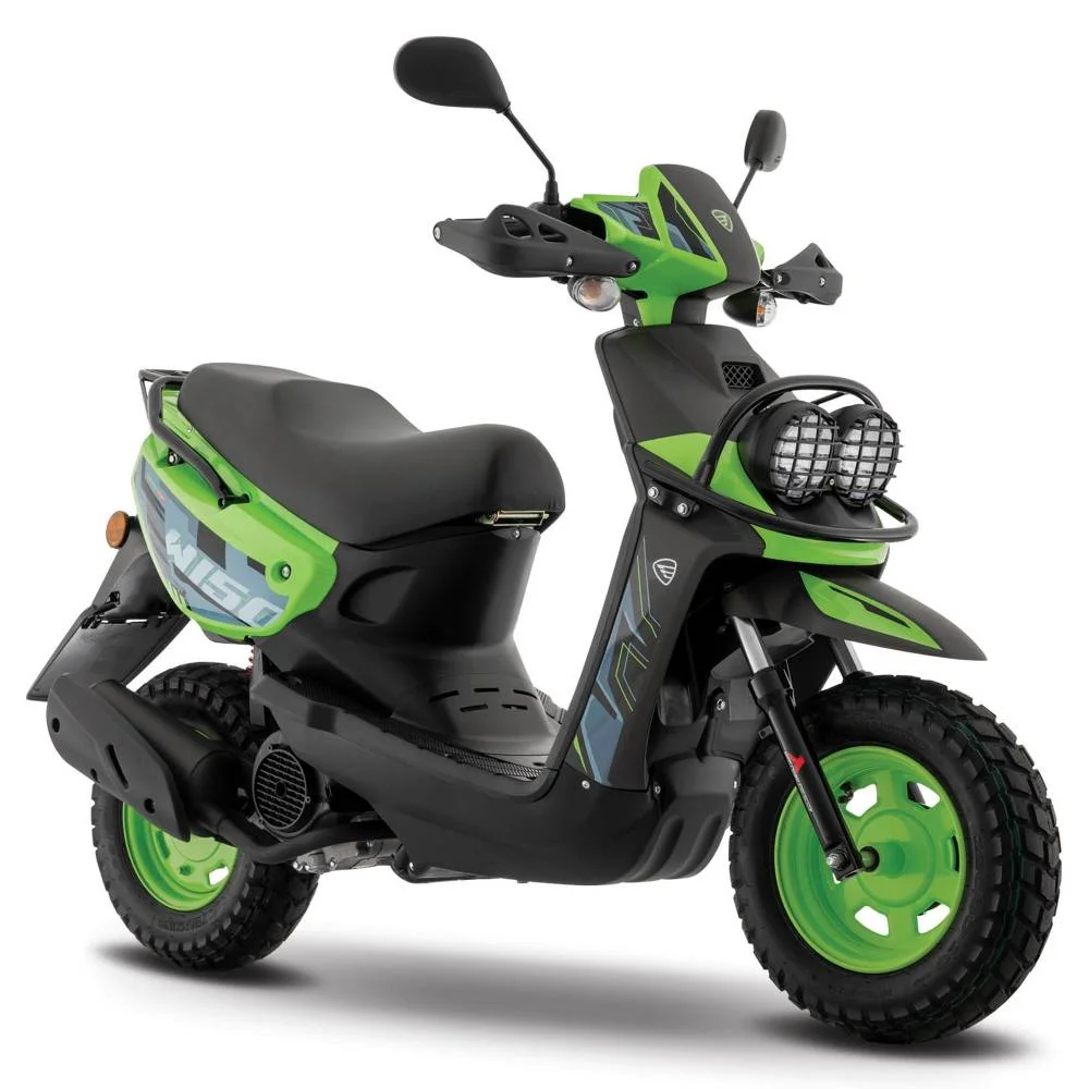 Green 150cc scooter, front three-quarter view