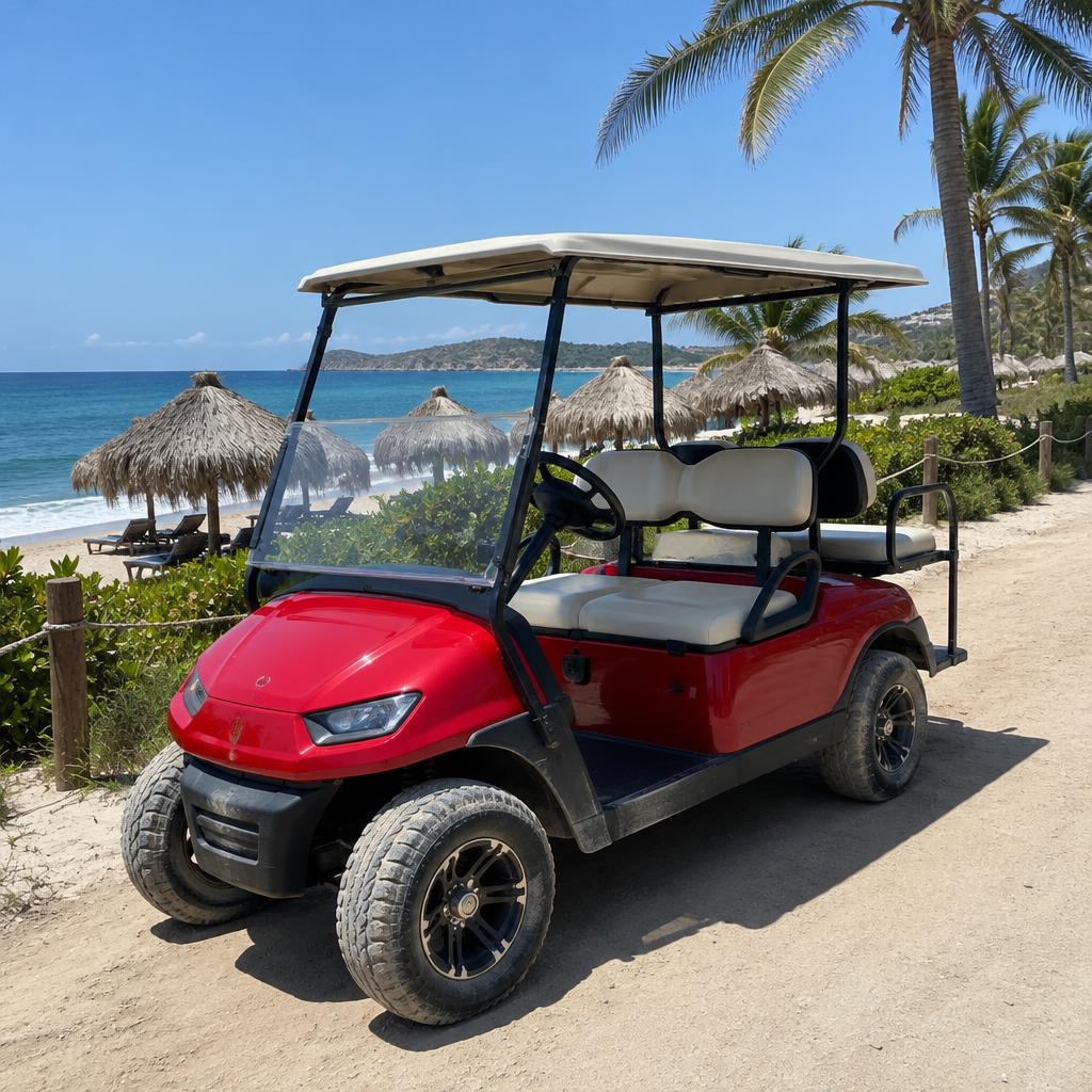 Red 4-seat golf cart parked on a sandy beachfront road in Punta de Mita