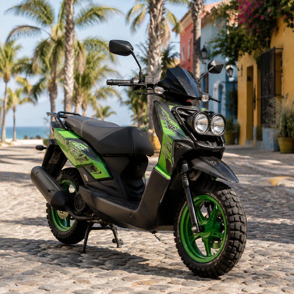Green 150cc rental scooter parked on a cobblestone street in Punta de Mita