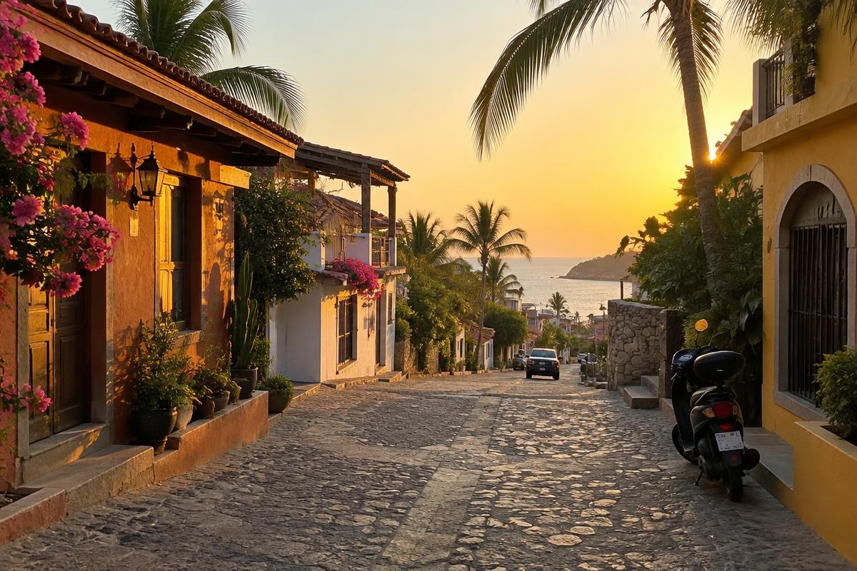 Cobblestone street in Punta de Mita village at golden hour