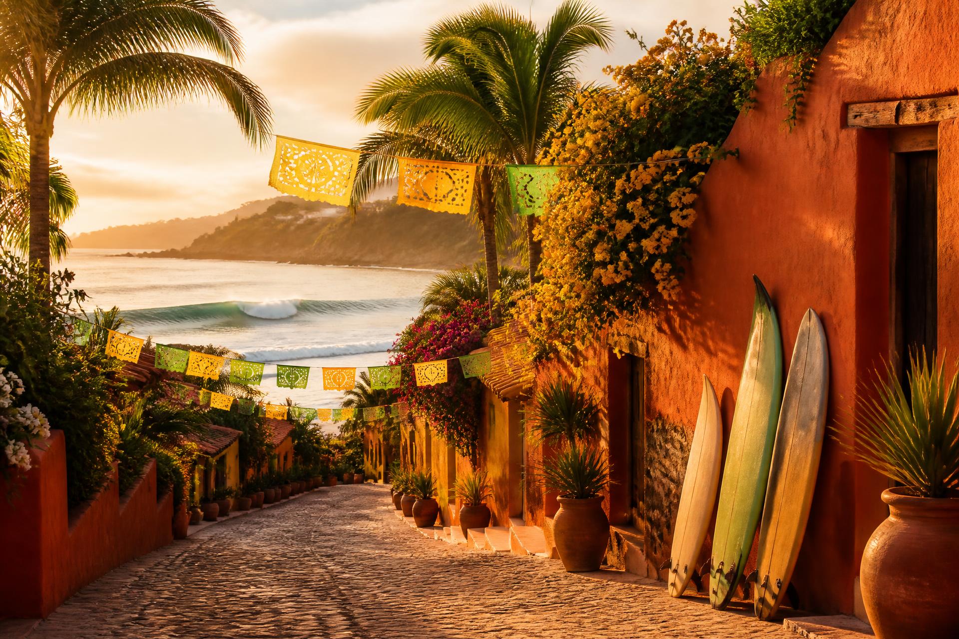 Cobblestone street in Punta de Mita at golden hour with papel picado and surfboards